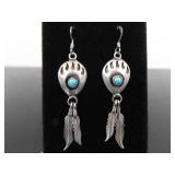 .925 Sterling Silver Navajo Turquoise Bear Claw Feather Dangle Hook Earrings