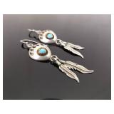 .925 Sterling Silver Navajo Turquoise Bear Claw Feather Dangle Hook Earrings
