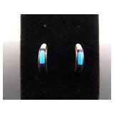 .925 Sterling Silver Navajo Turquoise Mother of Pearl and Onyx Half Hoop Post Earrings