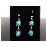 .925 Sterling Silver Navajo Turquoise Cabochon Dangle Hook Earrings