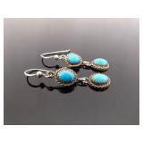 .925 Sterling Silver Navajo Turquoise Cabochon Dangle Hook Earrings