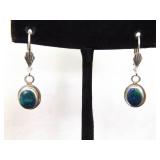 .925 Sterling Silver Azurite Cabochon Hinged Clasp Dangle Hook Earrings
