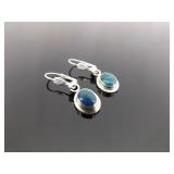 .925 Sterling Silver Azurite Cabochon Hinged Clasp Dangle Hook Earrings