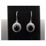 .925 Sterling Silver Onyx Cabochon Dangle Hook Earrings
