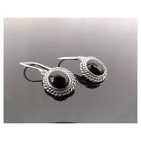 .925 Sterling Silver Onyx Cabochon Dangle Hook Earrings