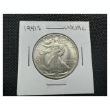 1941 S Uncirculated Walking Liberty Half, Very Slight Black Deposits on Reverse Rim Otherwise Full Mint Lustre and Blemish Free