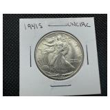 1941 S Uncirculated Walking Liberty Half, Very Slight Black Deposits on Reverse Rim Otherwise Full Mint Lustre and Blemish Free