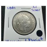 1881 High Grade Hungary Silver 1 Florint. Tough Find in the Condition