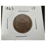 1865 2 Cent Piece, Strong VF - Nice Coloring for Grade