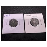 1866 and 1887 Shield Nickels Heavily Worn