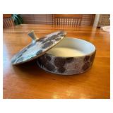 Fujita Kutani Snuho Porcelain Covered Dish with Grey Chrysanthemum Floral Design