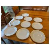 Set of 12 Vintage Fire King White Milk Glass Swirl Dinnerware Plates with Gold Rim