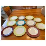 Set of 12 Vintage Pyrex Milk Glass Plates Wide Color Band Multicolor Ceramic Dinner Plates