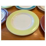 Set of 12 Vintage Pyrex Milk Glass Plates Wide Color Band Multicolor Ceramic Dinner Plates