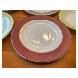 Set of 12 Vintage Pyrex Milk Glass Plates Wide Color Band Multicolor Ceramic Dinner Plates