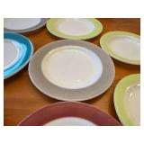 Set of 12 Vintage Pyrex Milk Glass Plates Wide Color Band Multicolor Ceramic Dinner Plates