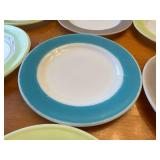 Set of 12 Vintage Pyrex Milk Glass Plates Wide Color Band Multicolor Ceramic Dinner Plates