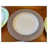 Set of 12 Vintage Pyrex Milk Glass Plates Wide Color Band Multicolor Ceramic Dinner Plates