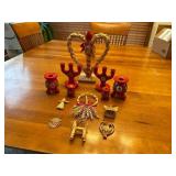 Vintage Swedish Christmas Decorations Straw Ornaments and Painted Wooden Candle Holder Set