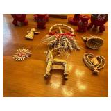 Vintage Swedish Christmas Decorations Straw Ornaments and Painted Wooden Candle Holder Set
