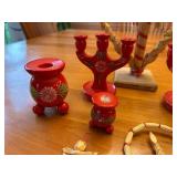 Vintage Swedish Christmas Decorations Straw Ornaments and Painted Wooden Candle Holder Set