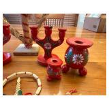 Vintage Swedish Christmas Decorations Straw Ornaments and Painted Wooden Candle Holder Set
