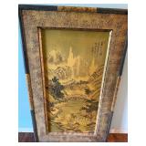 Large Vintage Framed Silk Watercolor Artwork with Asian Inspired Landscape Scene