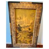 Large Vintage Framed Silk Watercolor Artwork with Asian Inspired Landscape Scene