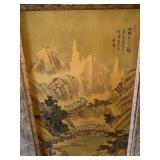Large Vintage Framed Silk Watercolor Artwork with Asian Inspired Landscape Scene