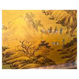 Large Vintage Framed Silk Watercolor Artwork with Asian Inspired Landscape Scene