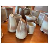 Vintage Frankoma Plainsman Gold Stoneware Pottery Set with Mugs, Pitchers, and Salt Shakers - 14 Pieces