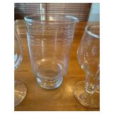 Set of 4 Vintage Anchor Hocking Hollow Stem Beer Stout Glass Goblets with and One Vintage Princess House Martini Cocktail Pitcher Etched Pattern