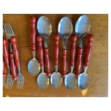 Vintage Set of 25 Red Wood Handled Stainless Steel Cutlery