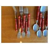 Vintage Set of 25 Red Wood Handled Stainless Steel Cutlery