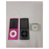 Lot of 3 Apple iPods with Accessories - Pink and Black iPod Nano, Silver iPod Shuffle