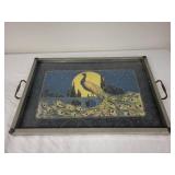 Vintage Metal Serving Tray with Peacock Design