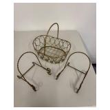 Set of Gold Wire Basket and Two Stands with Crystal Accents