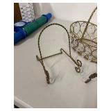 Set of Gold Wire Basket and Two Stands with Crystal Accents