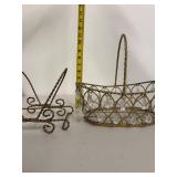 Set of Gold Wire Basket and Two Stands with Crystal Accents