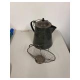 Vintage Metal Coffee Pot and Wire Basket Set