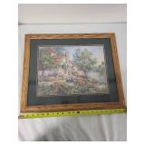 Framed Cottage Landscape Painting with Oak Frame