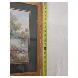 Framed Cottage Landscape Painting with Oak Frame
