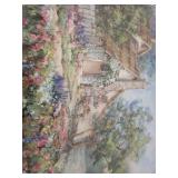 Framed Cottage Landscape Painting with Oak Frame