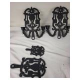 Set of 2 Cast Iron Wall-Mounted Candle Holders and 2 Matching Plaques
