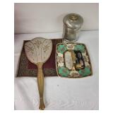 Vintage Vanity Set with Mirror, Morimura Hand Painted Tray, and Decorative Music Box
