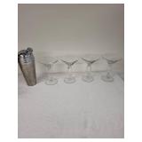 Stainless Steel Cocktail Shaker with Set of 4 Martini Glasses