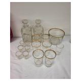 Vintage Glass Bar Set with Decanters, Glasses, and Wooden Serving Tray