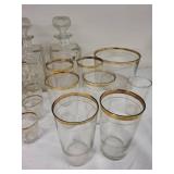 Vintage Glass Bar Set with Decanters, Glasses, and Wooden Serving Tray