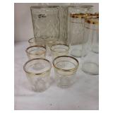 Vintage Glass Bar Set with Decanters, Glasses, and Wooden Serving Tray