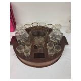 Vintage Glass Bar Set with Decanters, Glasses, and Wooden Serving Tray